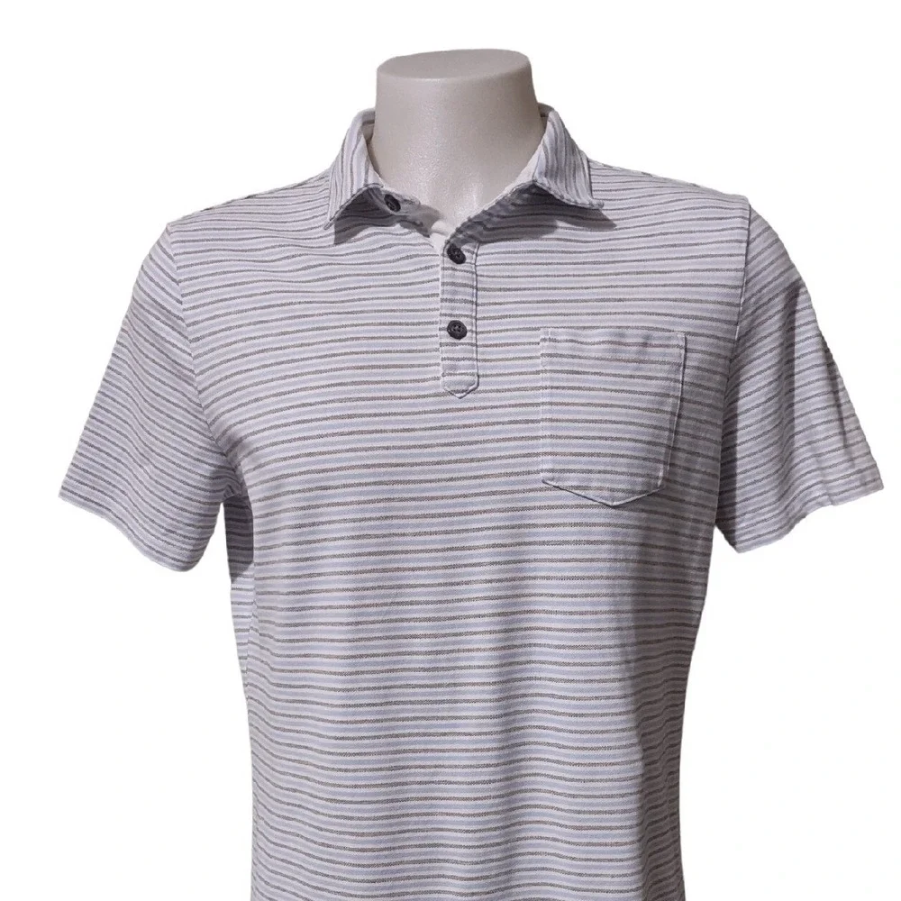 Banana Republic Polo Shirt Large Mens‎ Striped Performance Pique Gray White Bold